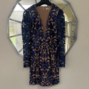 Dress the Population Elegant Blue and Tan Long Sleeve Dress